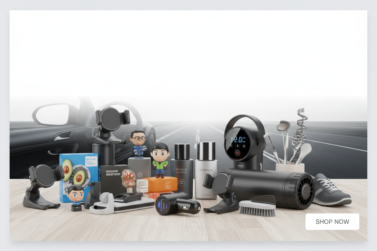 not like this type product my product is car accessories like car charger and car tyre portable air compressors and car perfumes and car small toys and mobile accessories like mobile stand mobile holder car mobile charger and shoe cleaning product and kitchen small trending gadgets etc i need top some space. just shop now button for right bttom side this image mainly for mobile and pc website purpose